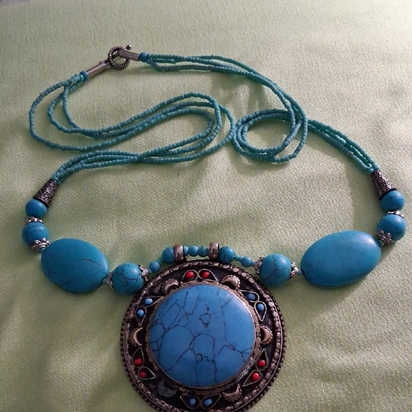 Silver and Blue Ethnic Necklace with Pendant - Picture 1 of 4